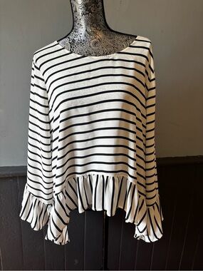 a.n.a Black & White Striped Ruffle-Hem Tunic